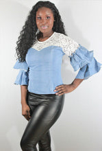 Load image into Gallery viewer, Denim and Lace Ruffle Blouse
