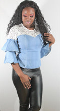Load image into Gallery viewer, Denim and Lace Ruffle Blouse
